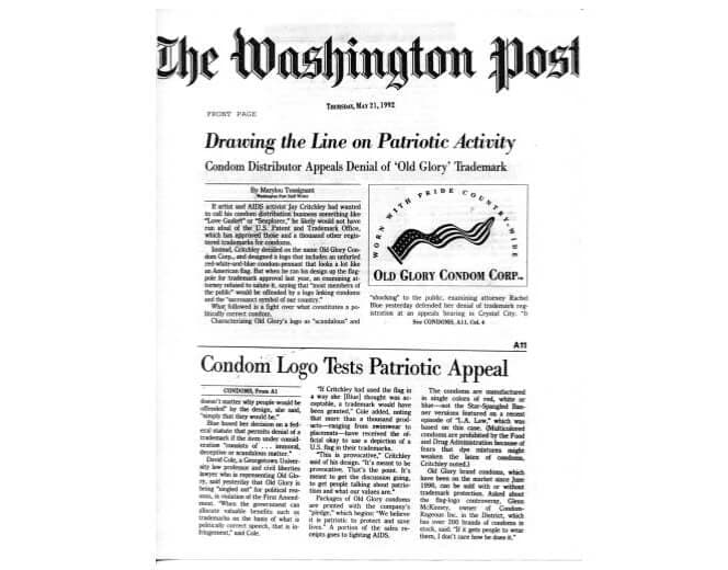 A photo of The Washington Post Front Page. The headline reads "Drawing the Line on Patriotic Activity...Condom Logo Tests Patriotic Appeal".