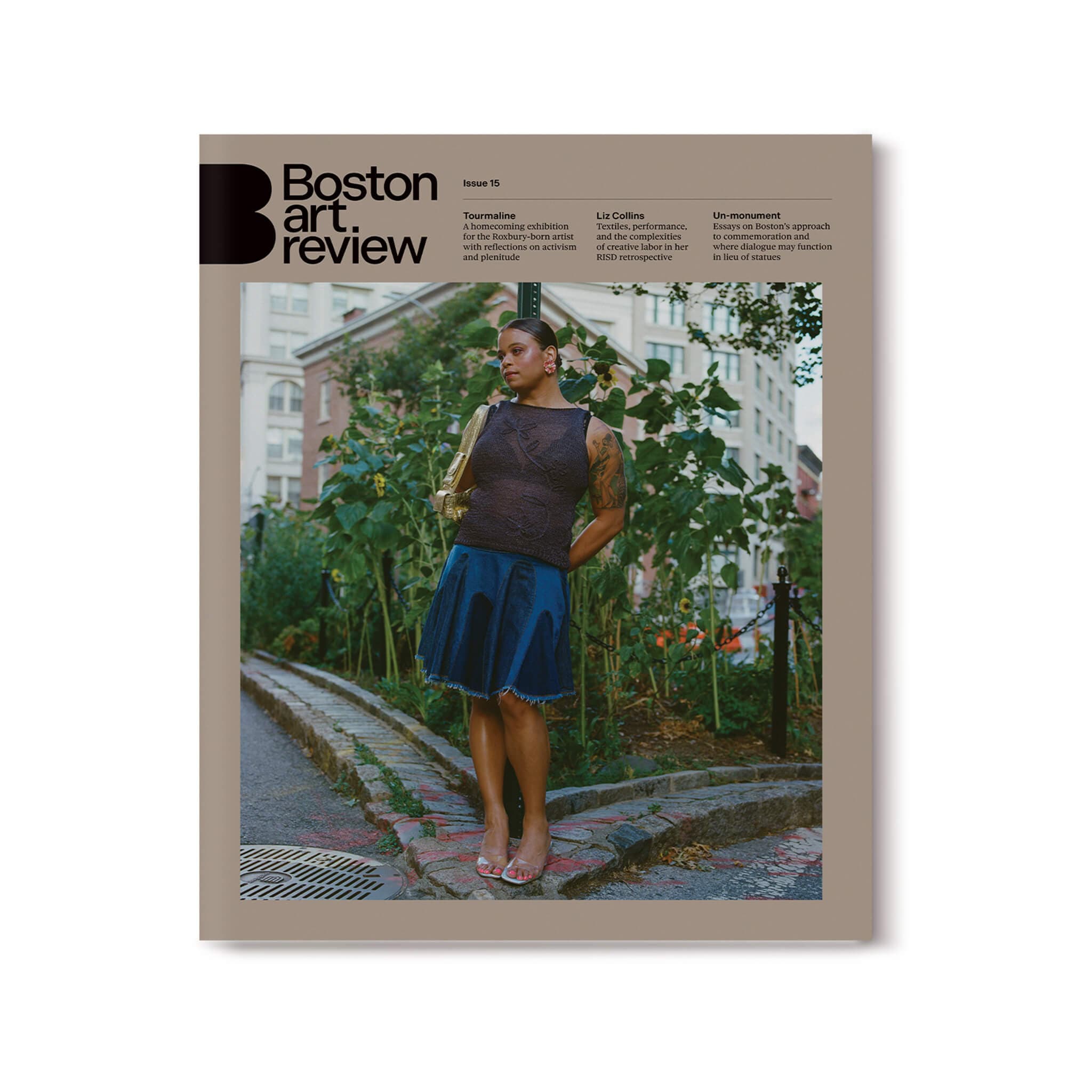 Boston Art Review's Issue 15 magazine cover featuring the artist Tourmaline standing outside of the Stonewall National Monument park in New York City.